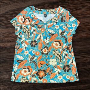 Rafaella Studio Woman 2X Retro Floral Cotton Blouse Keyhole Neck Short Sleeve